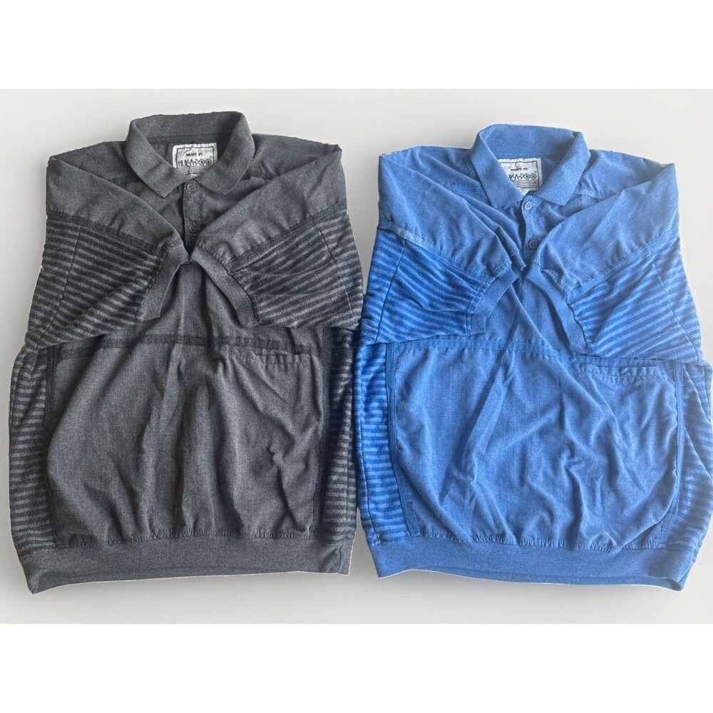 Lot of 2 Vtg Huk-A-Poo Mens Banded Bottom Polo Shirts Blue Gray Textured Knit